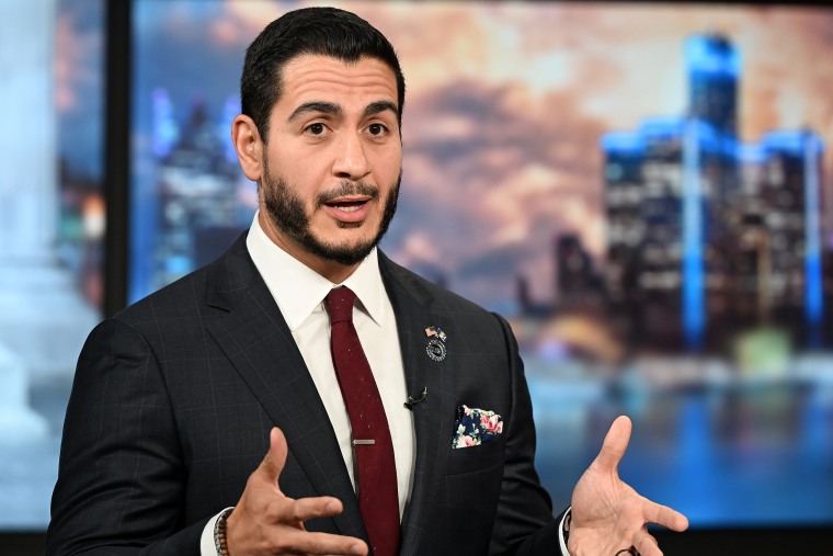 U.S. Senate candidates Abdul El-Sayed, left, and U.S. Rep. Haley Stevens participate in a televised debate in Michigan.